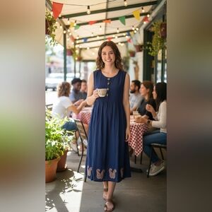 Navy Blue Boho Dress A Line Lightweight Embroidery Detailed Sz L